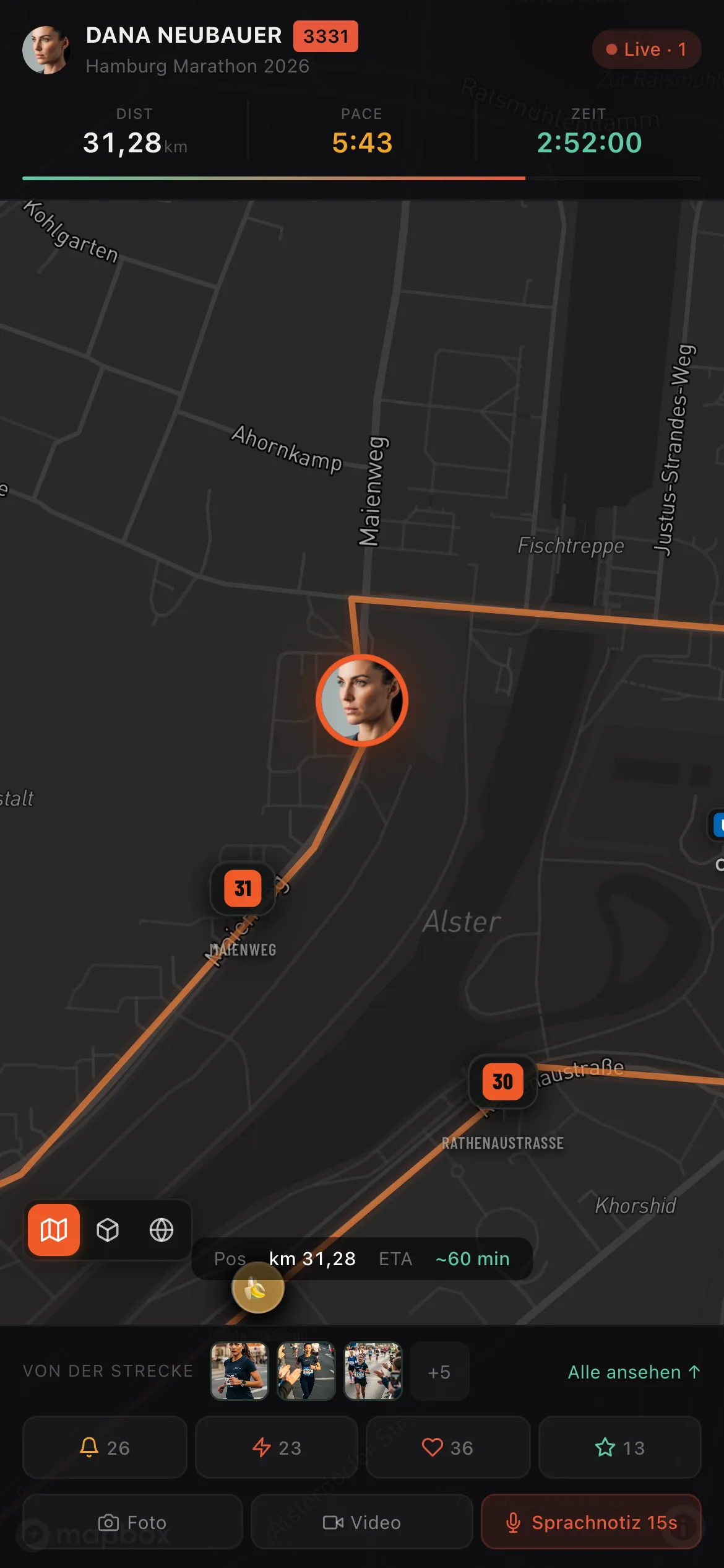 Die Live-Seite eines Läufers auf rivea.run: Karte mit Strecke, Position, Distanz und Pace, Reaktionen und Fotos der Zuschauer.